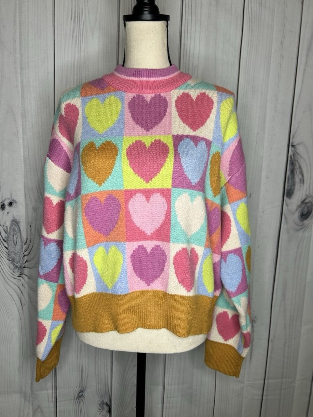 THML Multicolor Heart Crewneck Sweater Size L Piece of My Heart Checkerboard